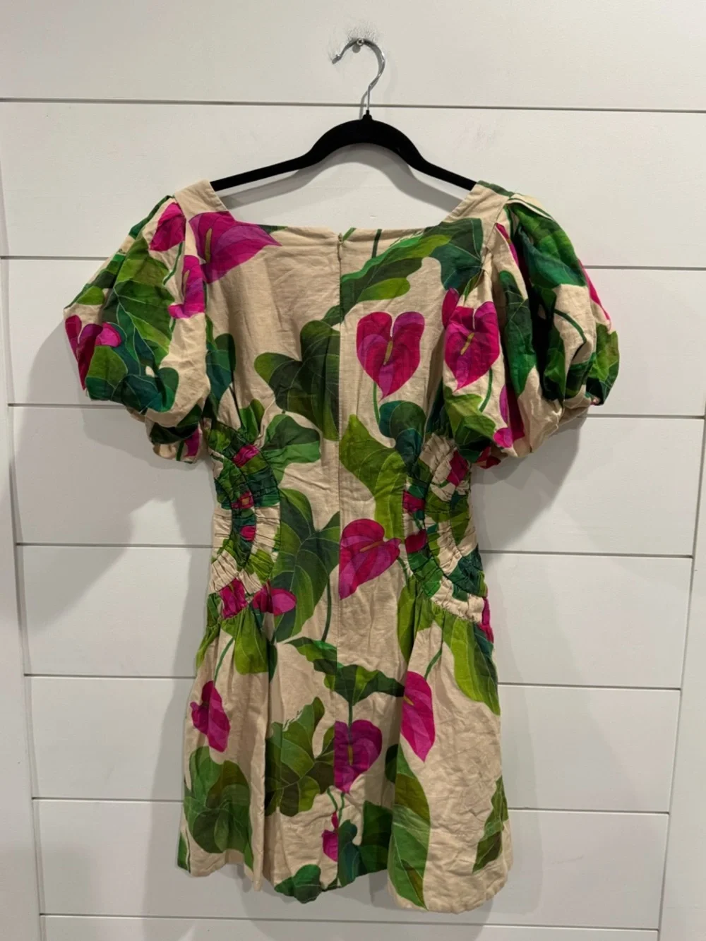 Farm Rio Anthurium Leaves Sand Short Sleeve Square Neckline Mini Dress - Picture 8 of 9